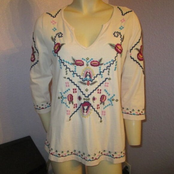 Soft Surroundings MIMOSA Blouse Size XS TOP Oversized EMBROIDERED V-Neck 3/4 - Picture 2 of 11